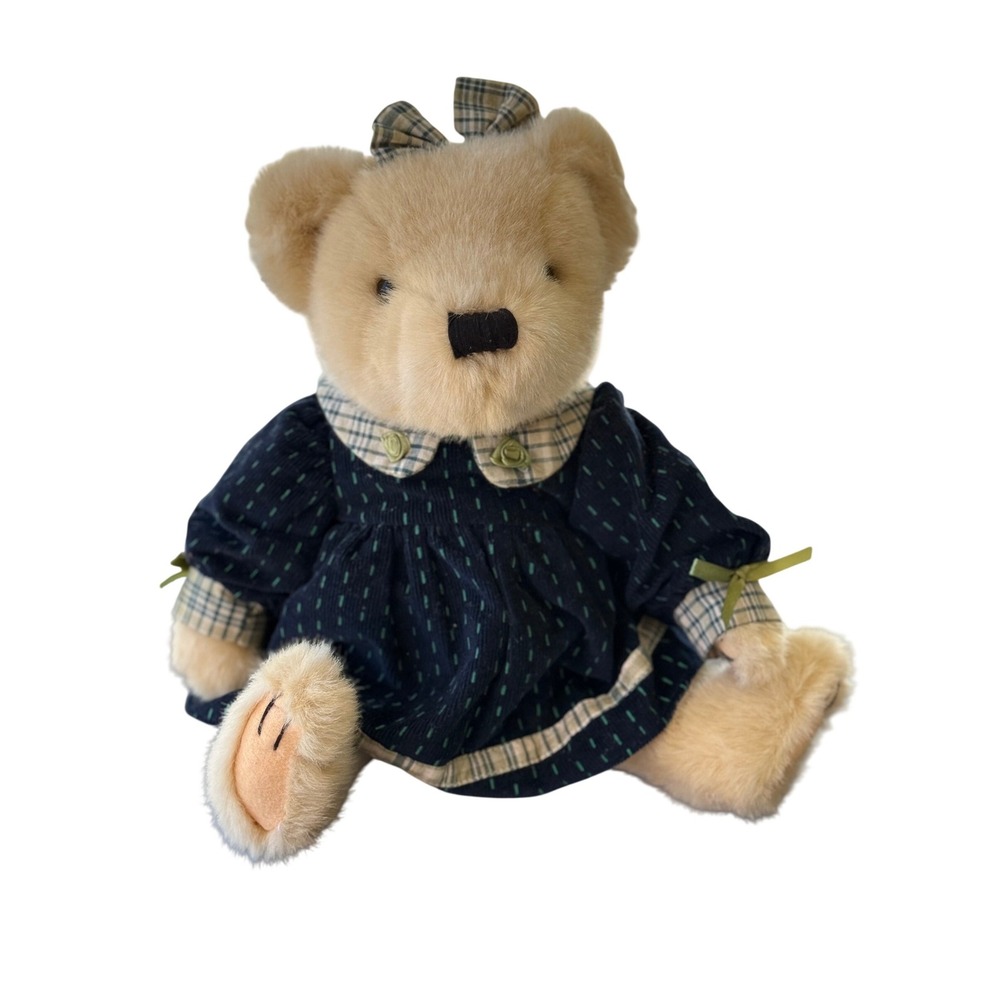 SKM Vintage Plush Bear Stuffed‎ Animal Corduroy Dress Bow Country Cottagecore